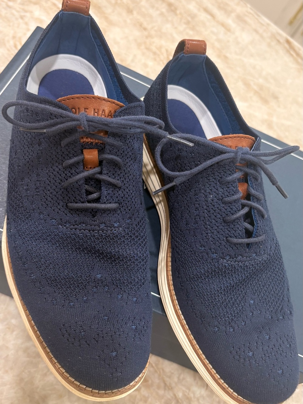 Mens’s 10m-Cole Haan Navy Knit Lace-Up Oxfords with Tan Leather Accents